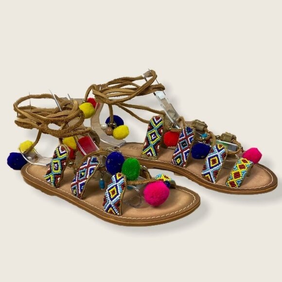 India Grace Pipa Boho Tie Up PomPom Gladiator Sandals Size 5 Sambag Charms Beach - Picture 7 of 16